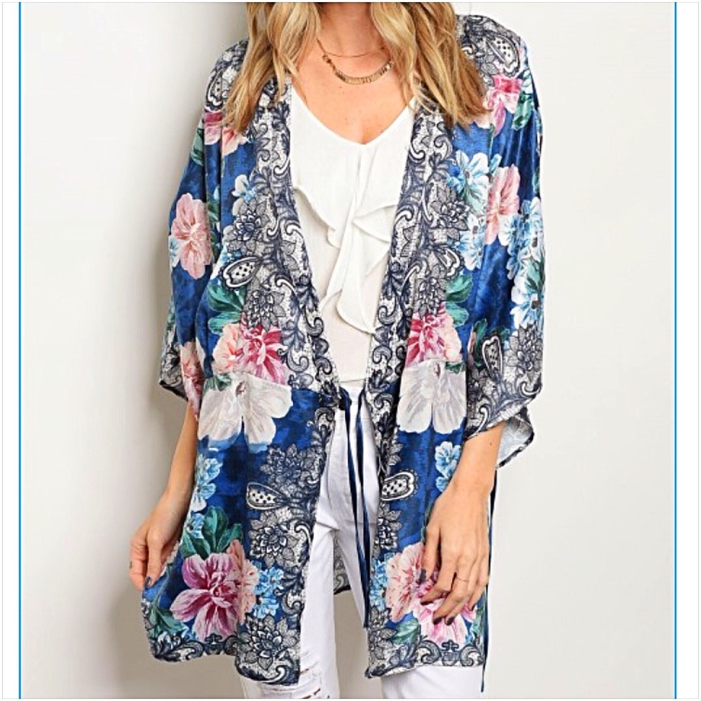 Boho Silky Floral Kimono Wrap Coverup LxL - Picture 7 of 7